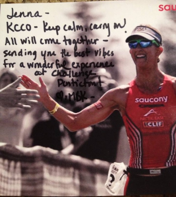 A very cool note that accompanied a personal letter that Meredith Kessler sent to Jenna.  What a class act, I still can't believe she went out of her way to do this.  We'll be rooting for her in Hy-Vee tomorrow and more importantly when she's racing Kona in October!